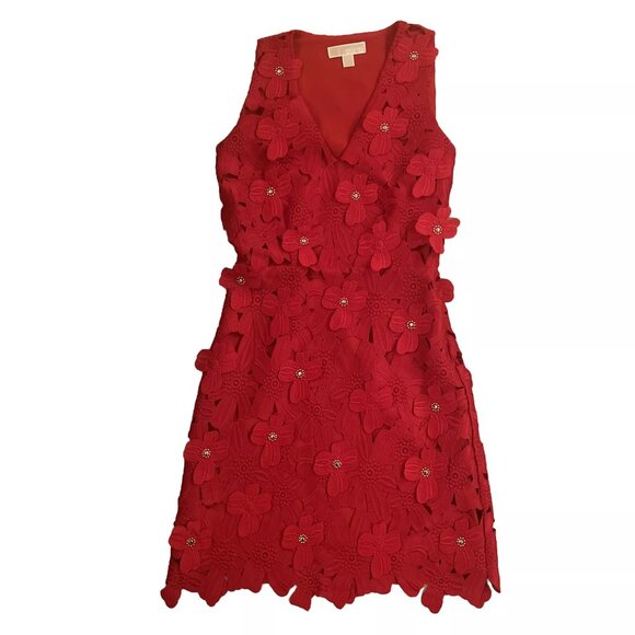 Michael Kors Flower Embroidered Dress Size 0 Luxe Red Cocktail Semi-Formal - Picture 1 of 4